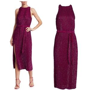 NWT Retrofete Tilly Sequin Tie-Sash Slit Midi Dress Magenta Purple Pink X Small
